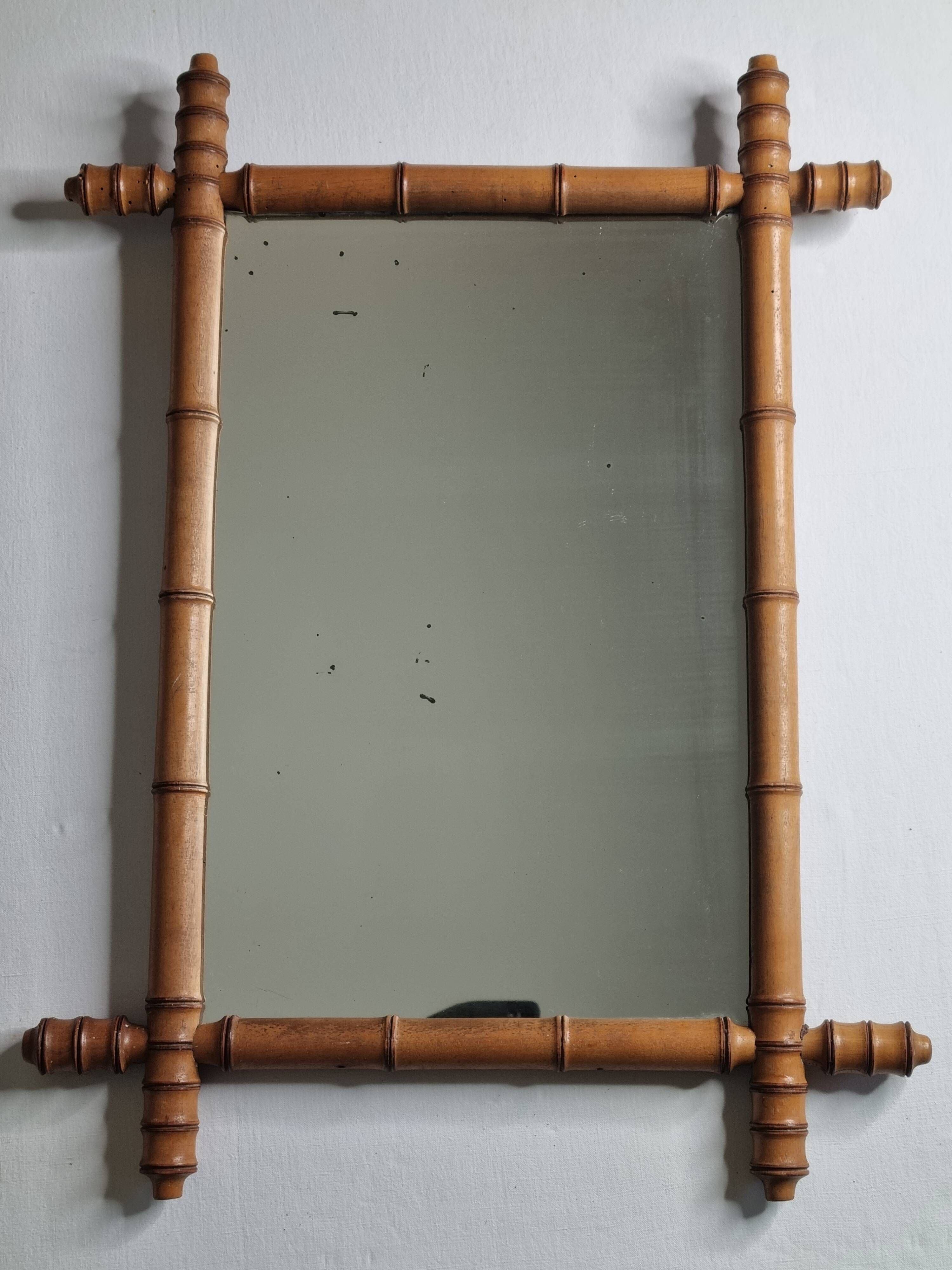 Antique mirror in turned wood, light bamboo style, late 19th century, 62 x 46 cm