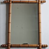 Miroir ancien en bois tourné façon bambou clair fin XIXe siècle, 62 x 46 cm