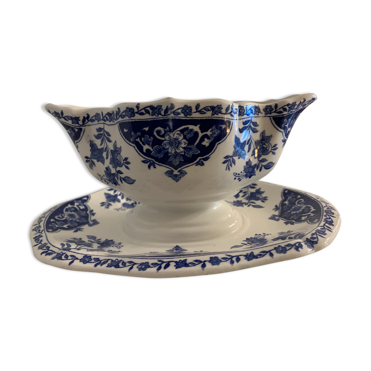 Saucière en faïence bleue et blanche Gien 1960
