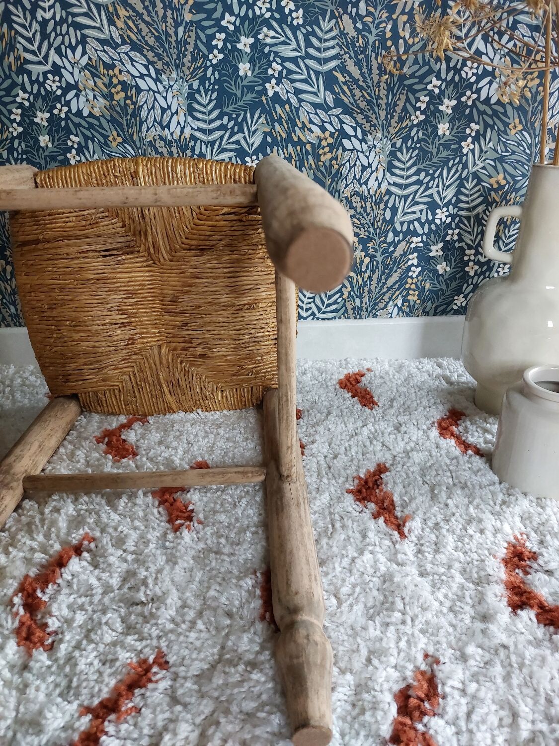 French wooden stool and vintage straw