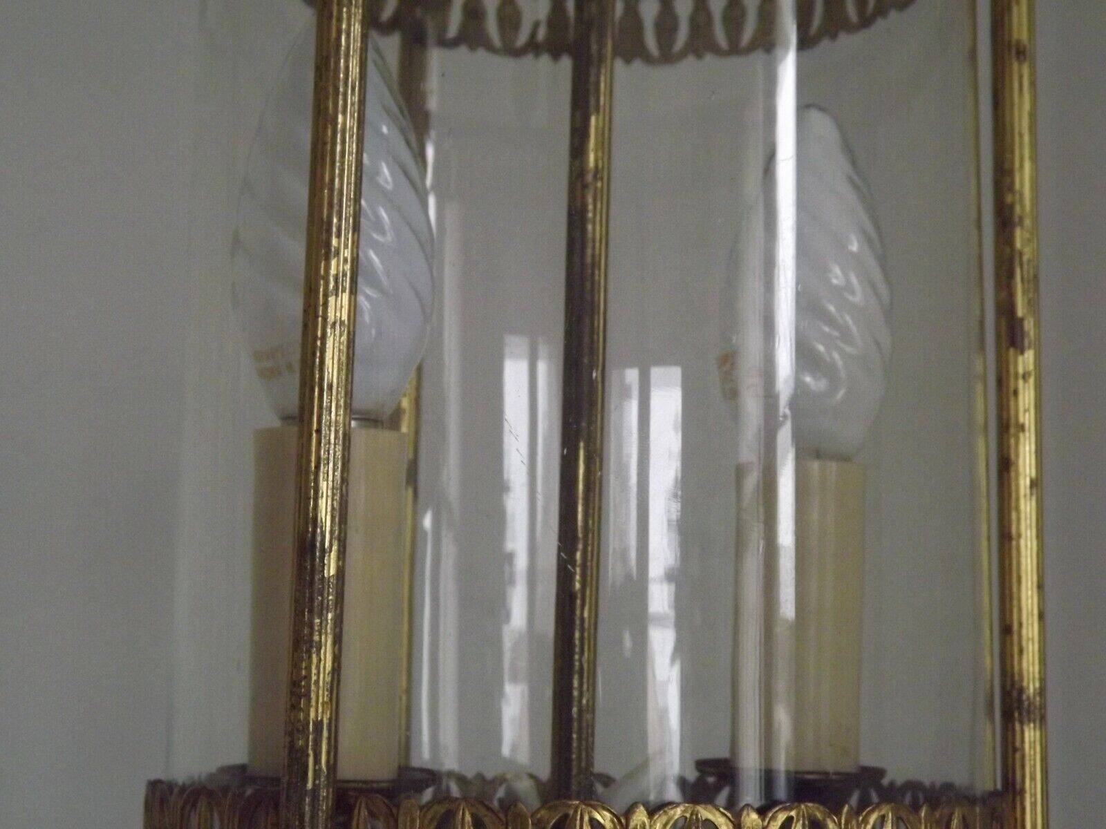 Vintage French Round Gold Metal and Brass 2 Light Lantern Ceiling Light 4724