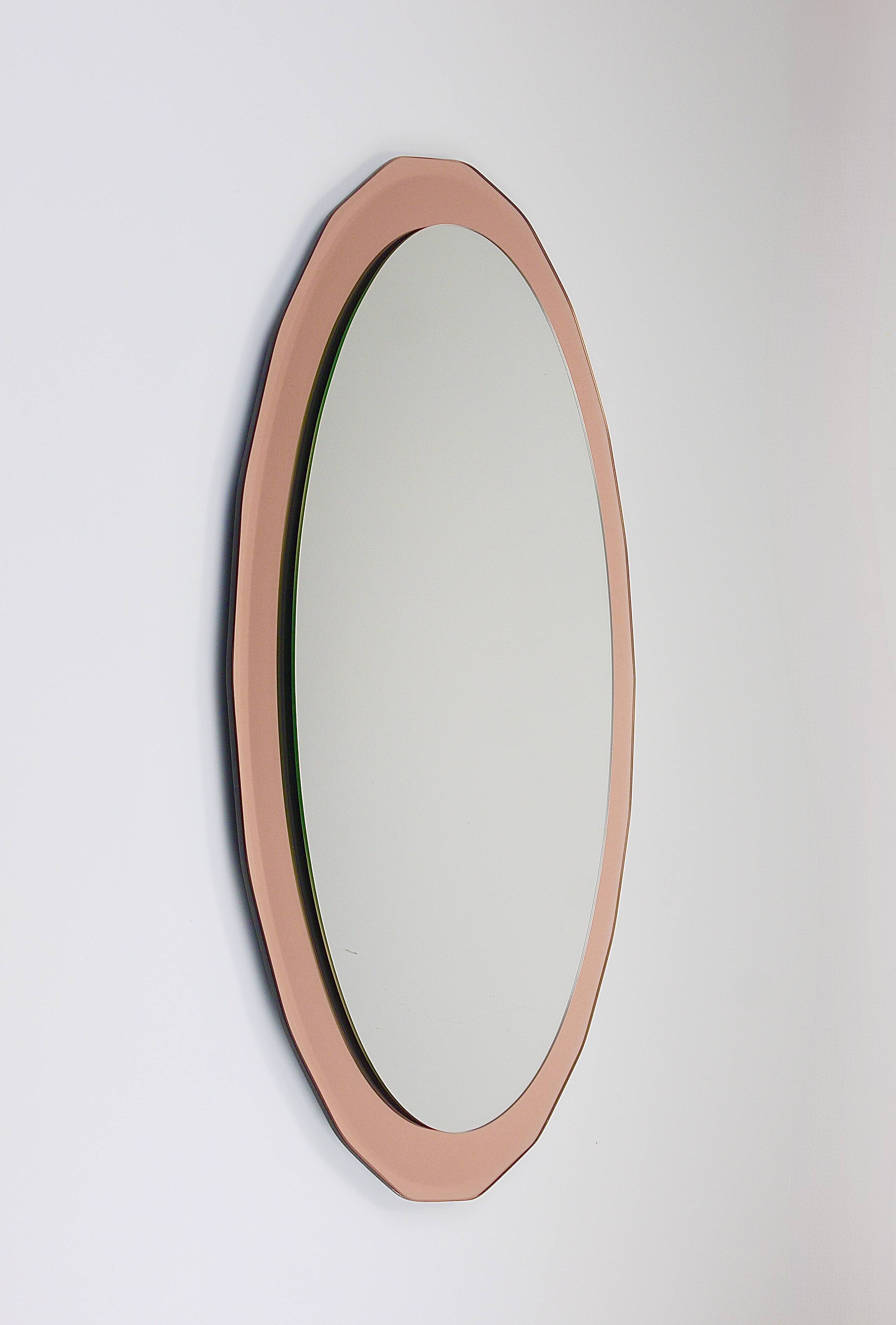 Cristal Arte Pink Oval Rosé Mid-Century Wall Mirror, Italy, 1960s
