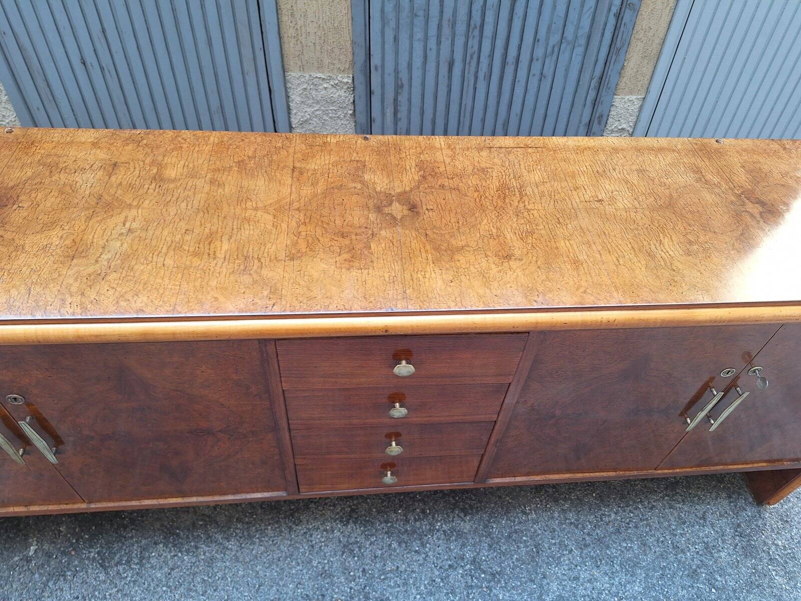 Vintage Sideboard in in Walnut Root and Maple Wood with Brass Details, 1940s