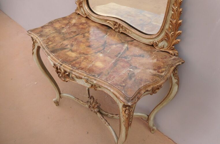 Ensemble console et son miroir en bois laqué style Louis XV
