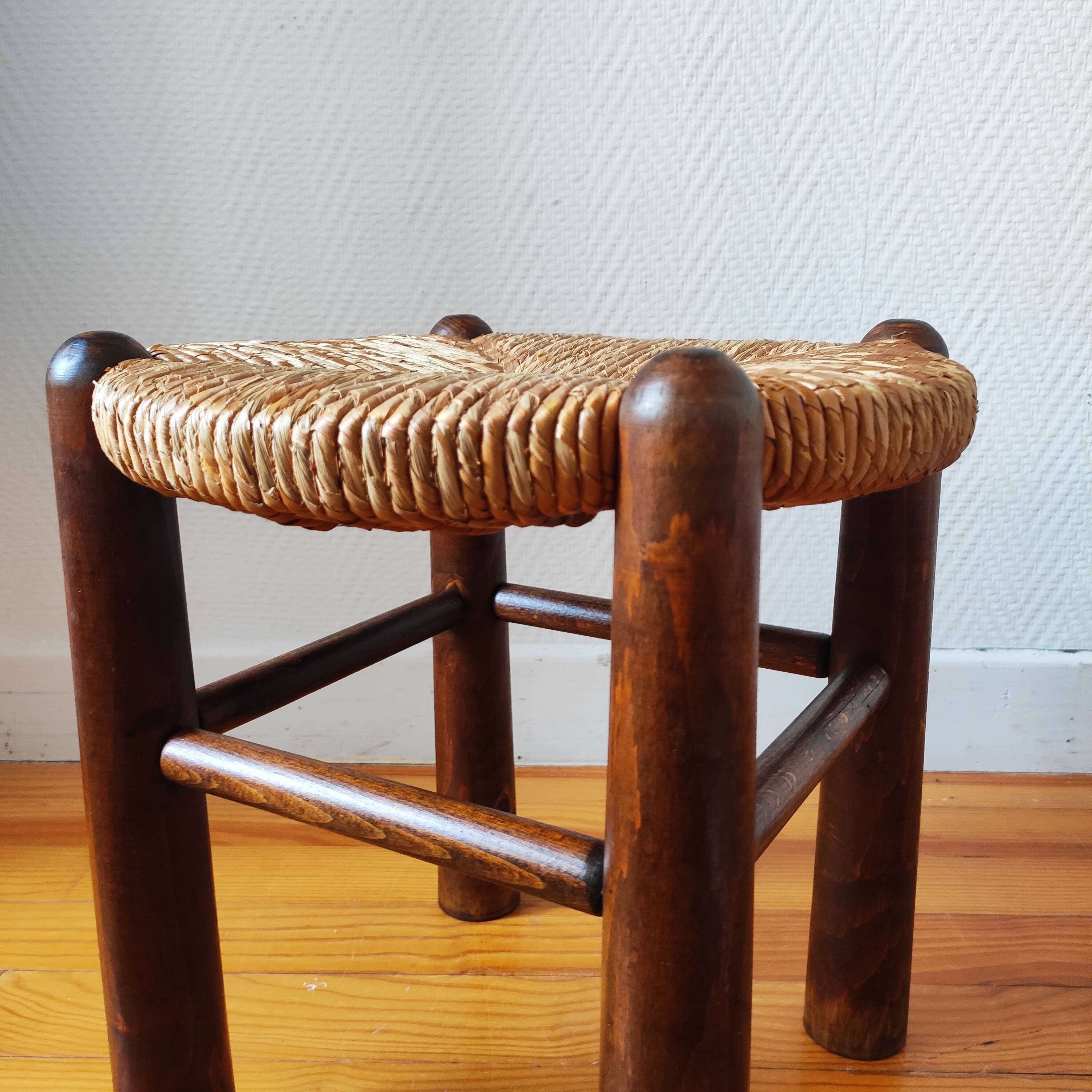 Brutalist wooden and straw stools - France 1950