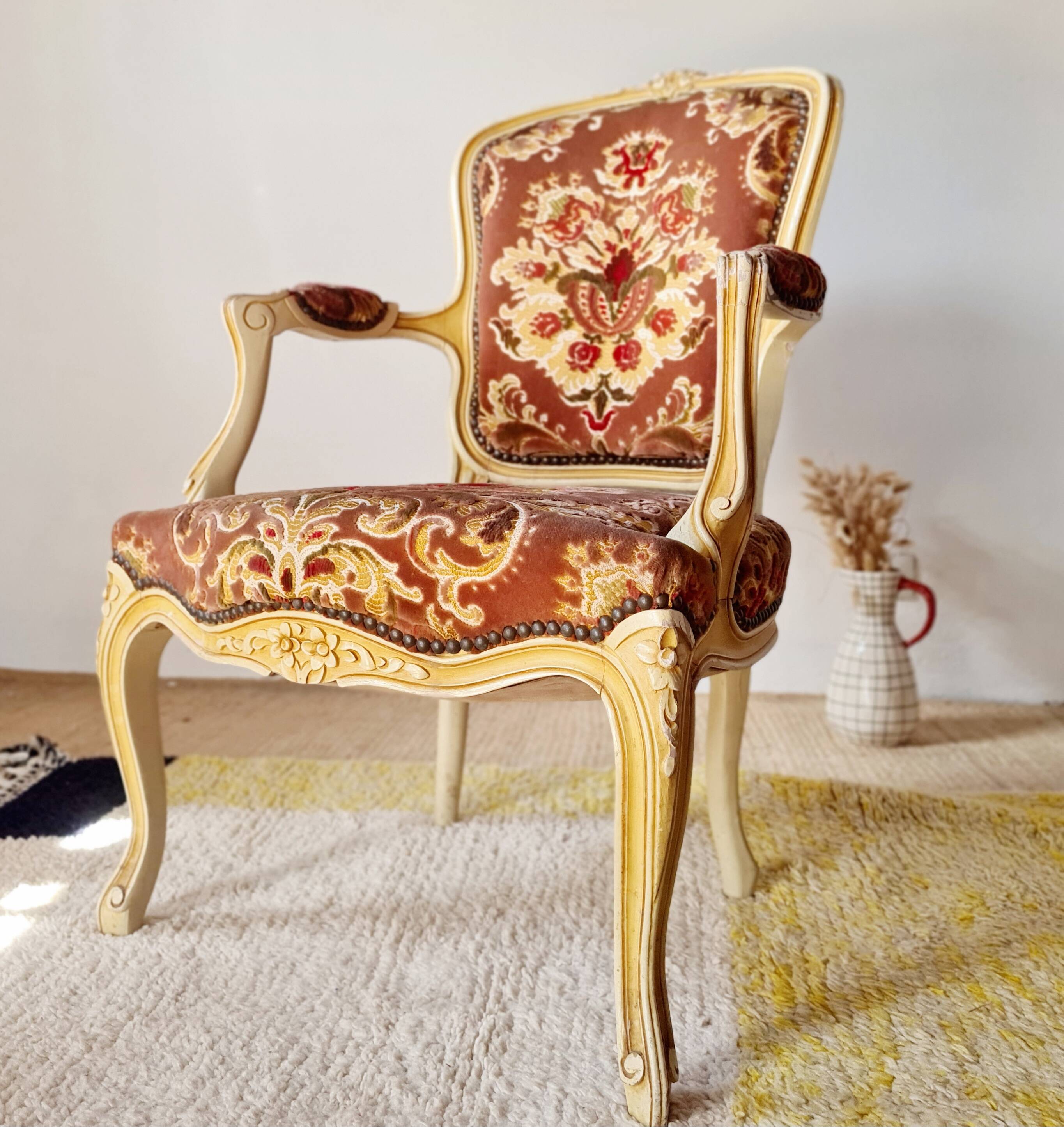 Louis XV style cabriolet armchair - floral velvet seat
