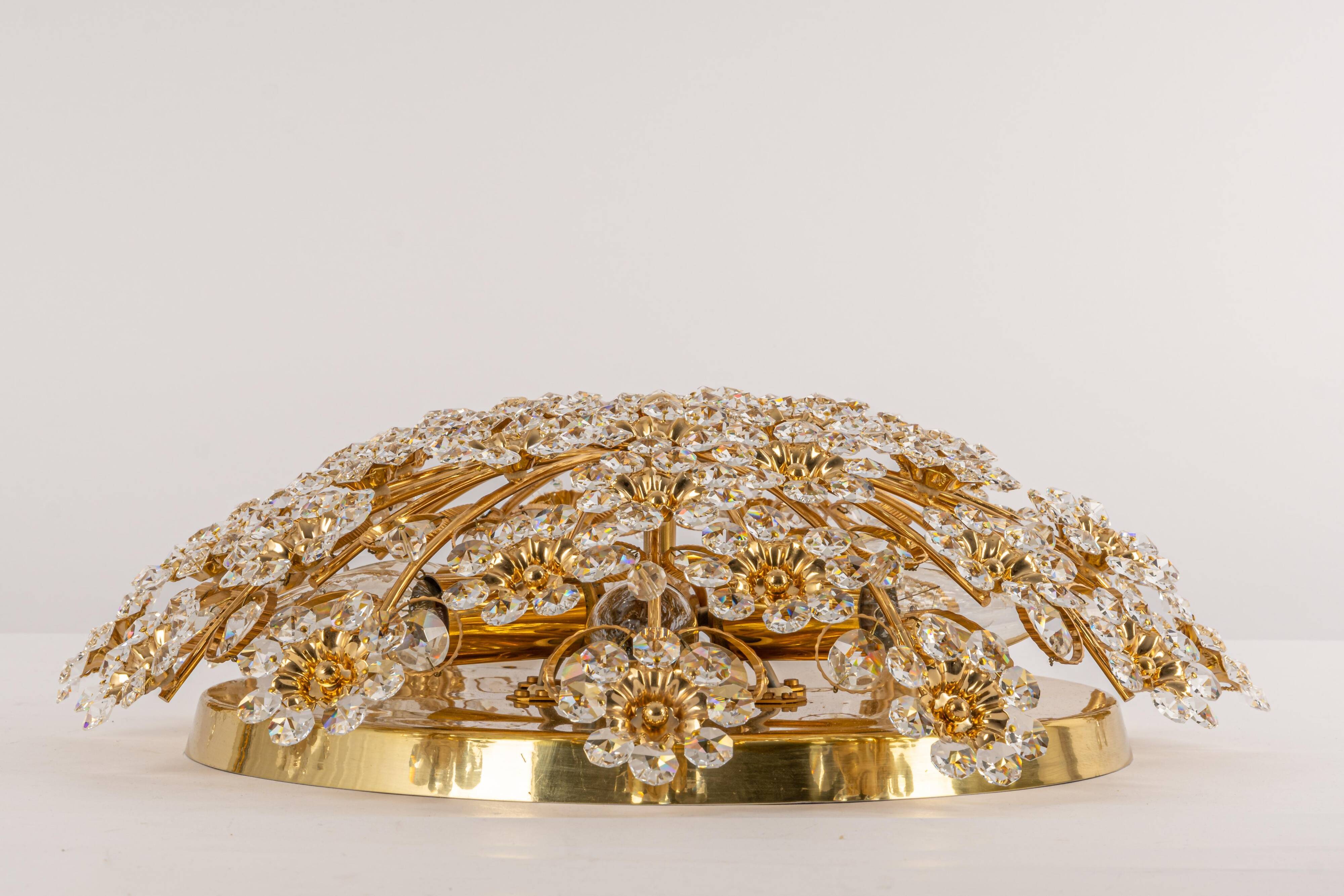 Brass ceiling light with cut glass flowers by Palwa, Germany, 1970s.