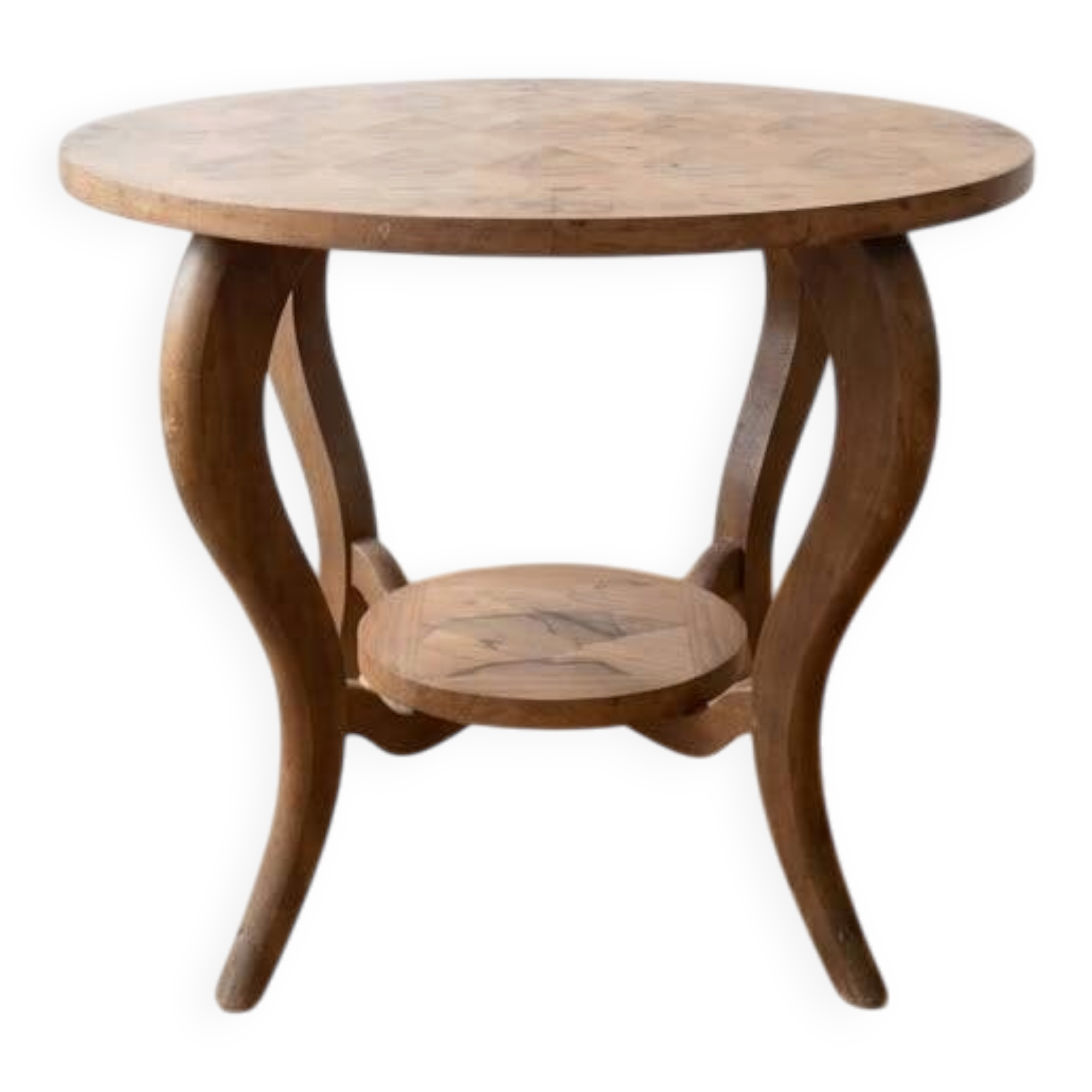 Table basse ronde en marqueterie de noyer Art Déco