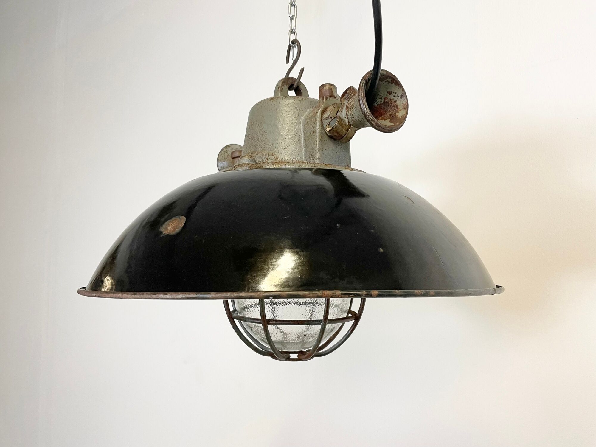 Black Enamel and Cast Iron Industrial Cage Pendant Light, 1950s