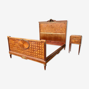Bed and bedside marquetry & bronze Louis XVl style