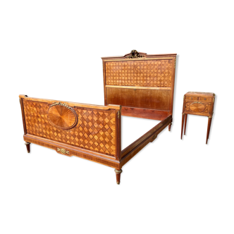 Bed and bedside marquetry & bronze Louis XVl style