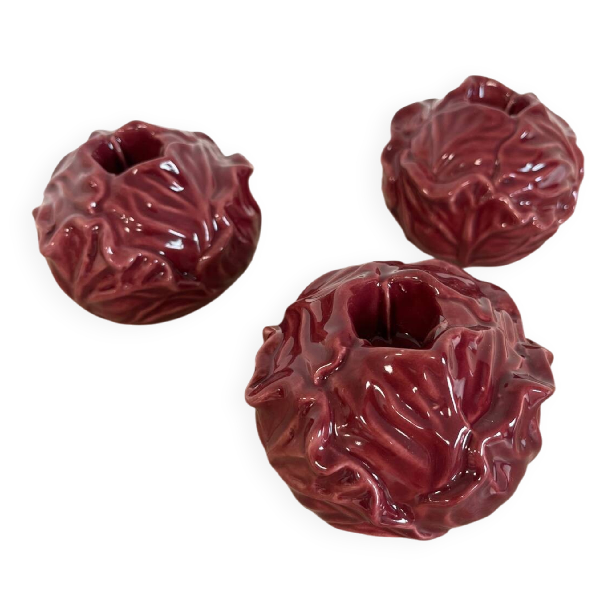 Cabbage-shaped slipware candlesticks, set of 3