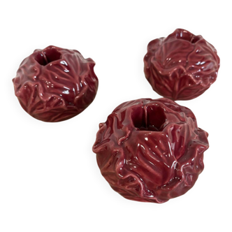 Cabbage-shaped slipware candlesticks, set of 3