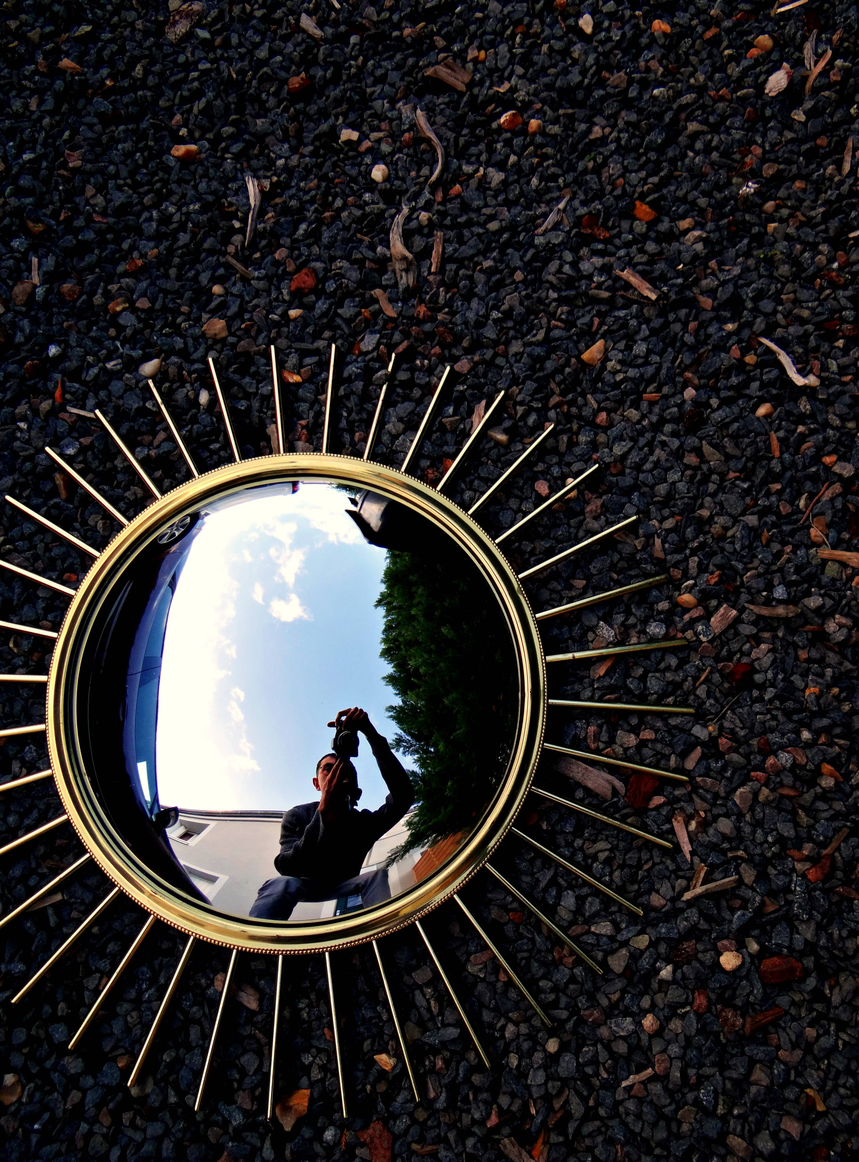 Mid-century 60s Gold Brass Witch Eye Sunburst Mirror