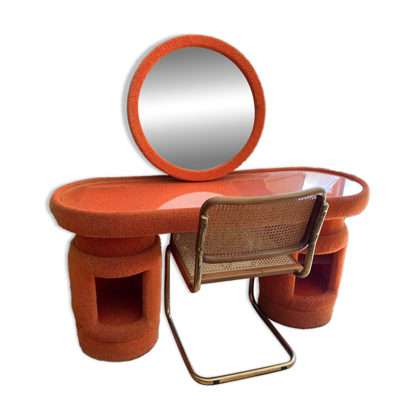 Vintage brown fabric dressing table with mirror and Bauhaus brass chairs — set of 3