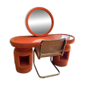 Vintage brown fabric dressing table with mirror and Bauhaus brass chairs — set of 3