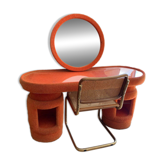 Vintage brown fabric dressing table with mirror and Bauhaus brass chairs — set of 3