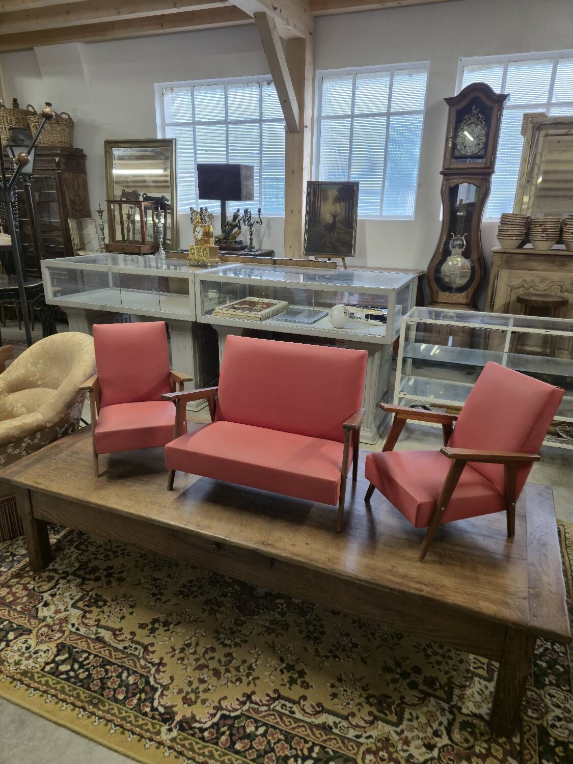 Vintage 1950s children's sofa and two armchairs with compass feet