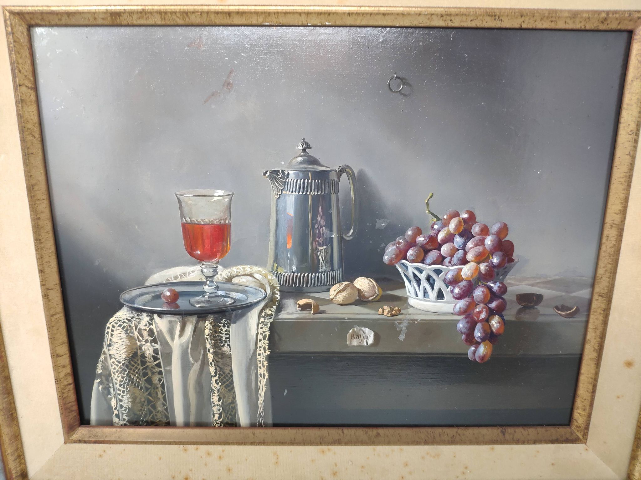 Oil painting still life stone shaving jug walnut and grape
