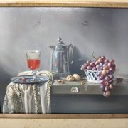 Oil painting still life stone shaving jug walnut and grape