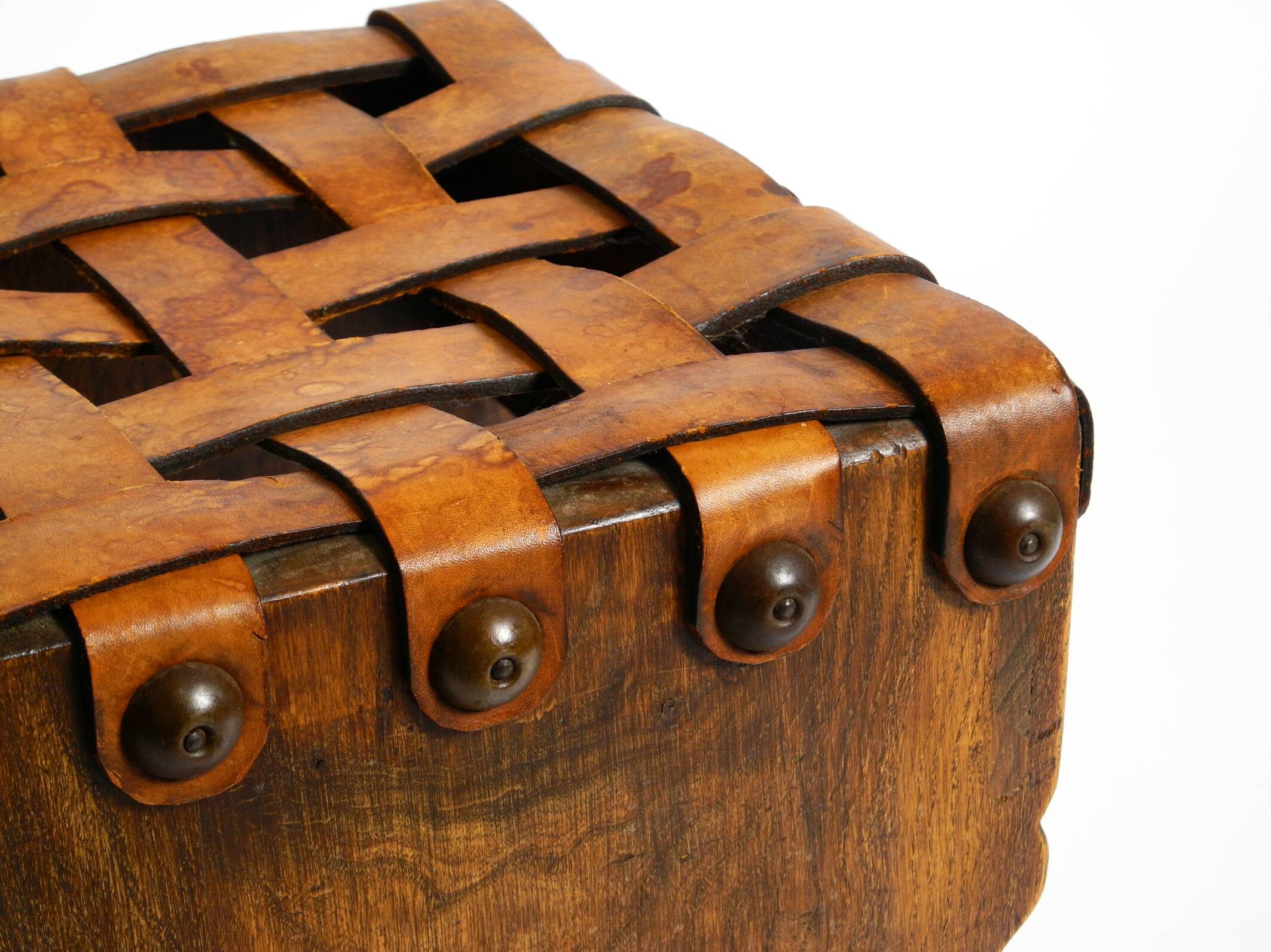 Beautiful 1940s oak stool with a seat made of leather straps