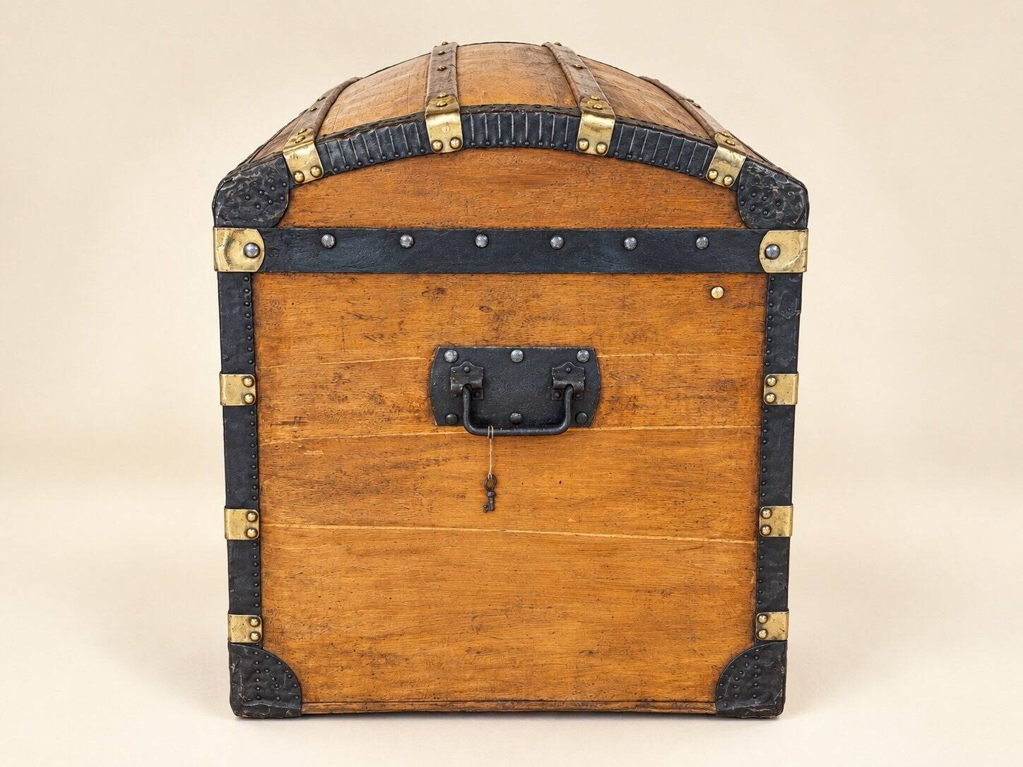19th Century Domed Travel Trunk – Wood, Brass, Leather – Restored