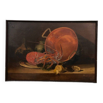Huile sur toile nature morte homard début XXème
