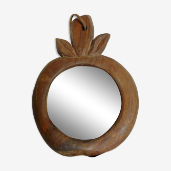 Vintage carved wooden mirror 1970-80 brutalist design in the shape of an apple