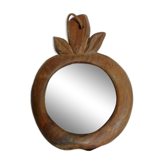 Vintage carved wooden mirror 1970-80 brutalist design in the shape of an apple