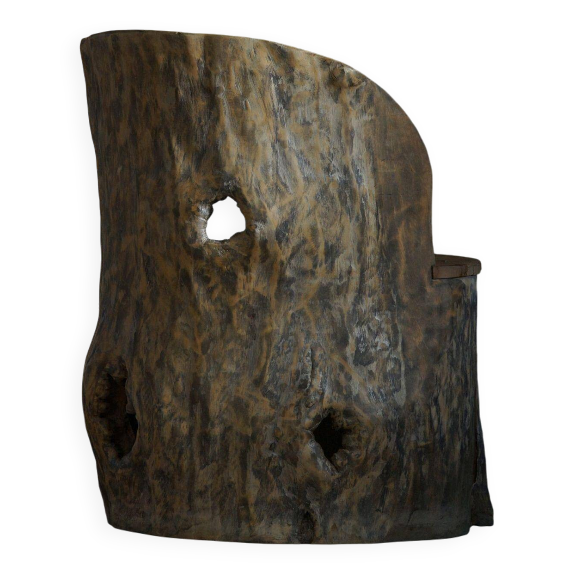 Sculptural Norwegian trunk chair in mid-century brutalist solid wood.