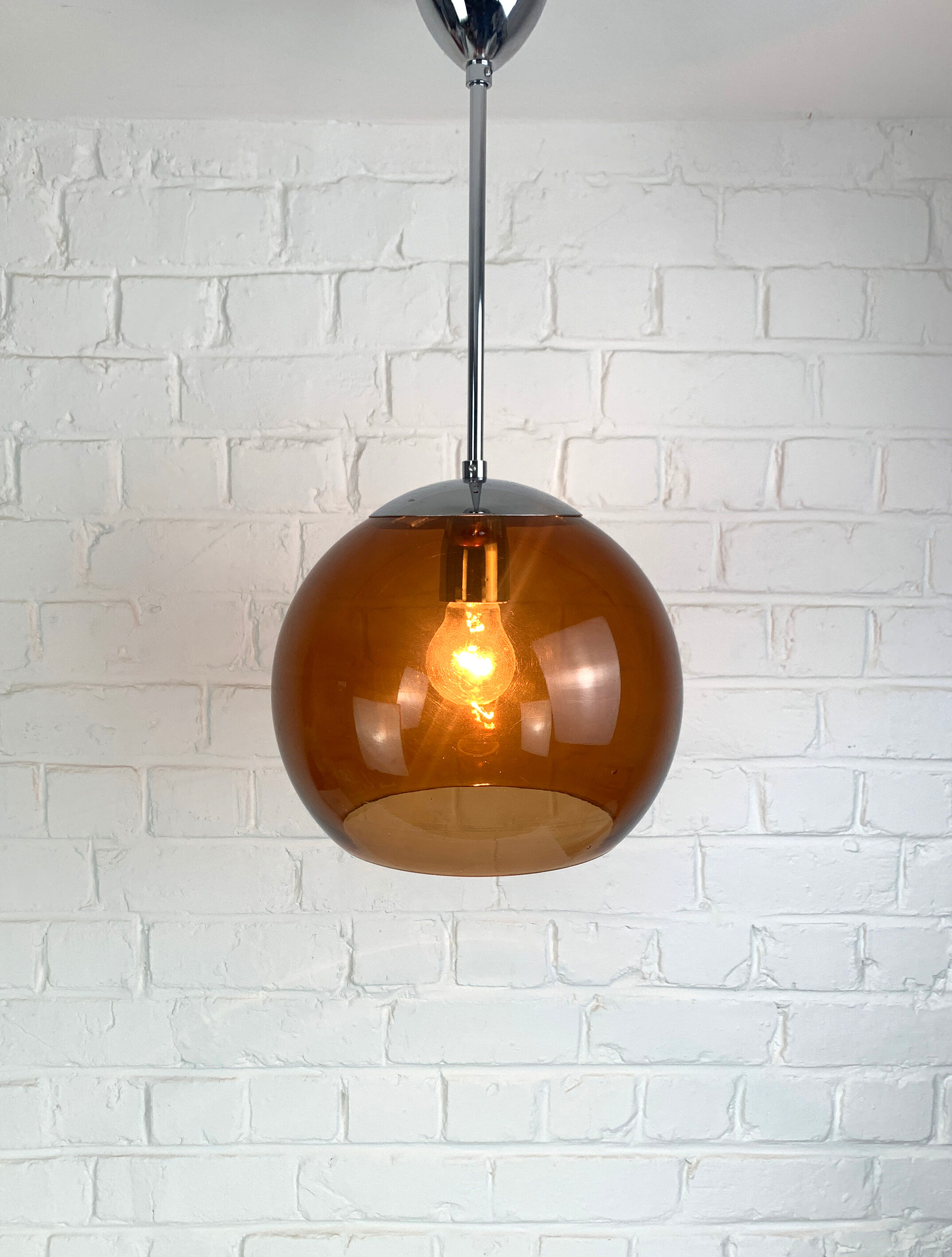 Pendant lamp ball Space Age amber glass chrome 1970s