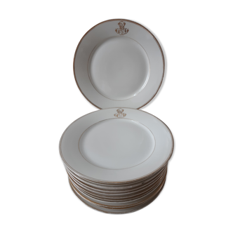 Lot de 12 assiettes plates anciennes avec initiales