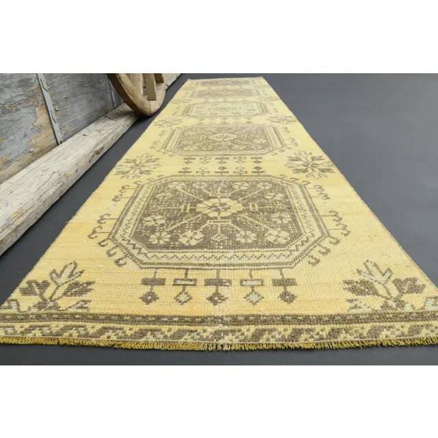 1970s Turkish Oushak Handmade Wool Cotton Yellow Runner 76x302