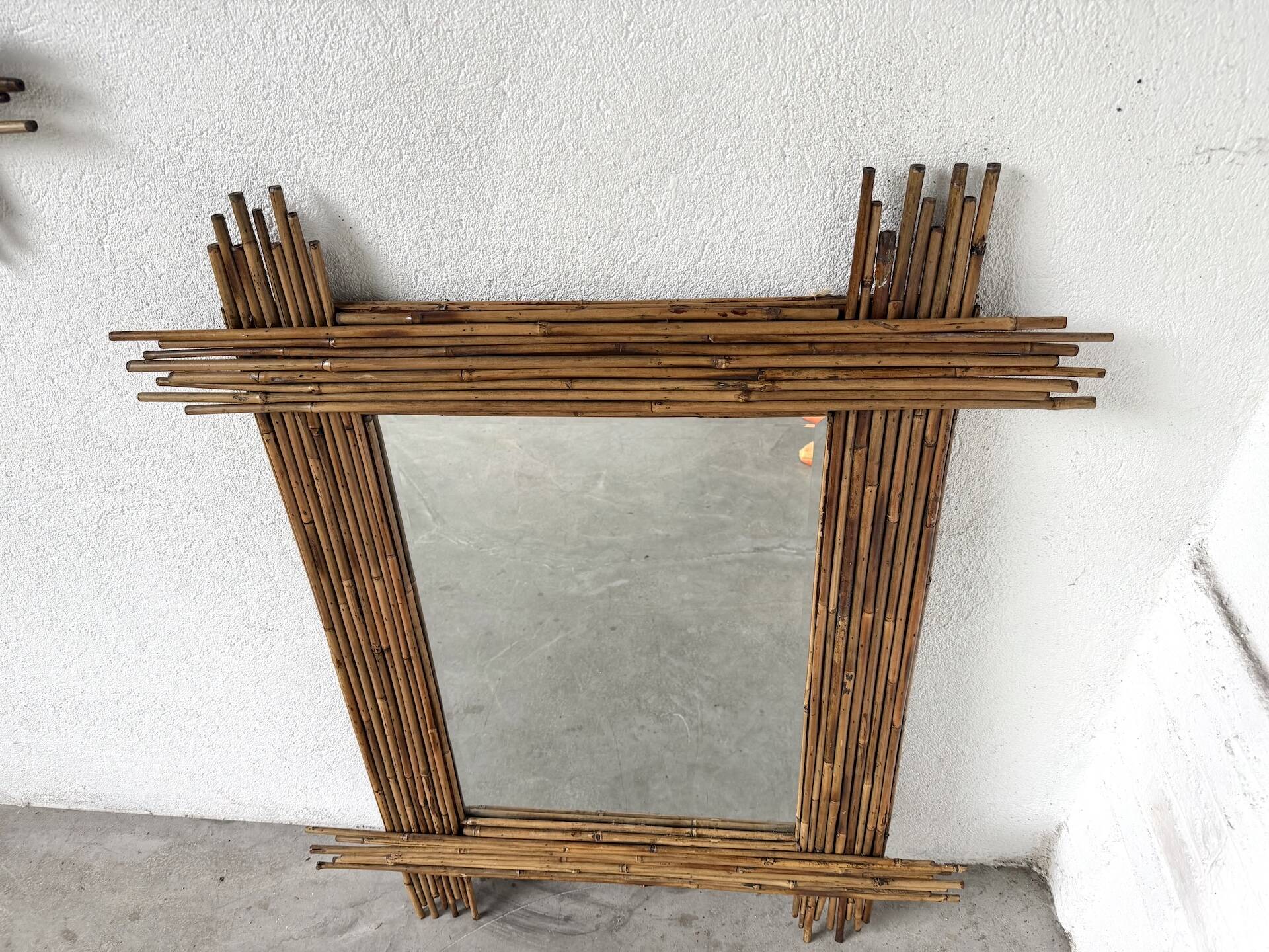 Pair of large vintage bamboo mirrors, 1970s