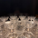 Baccarat, set of 10 engraved crystal champagne glasses from 1900.