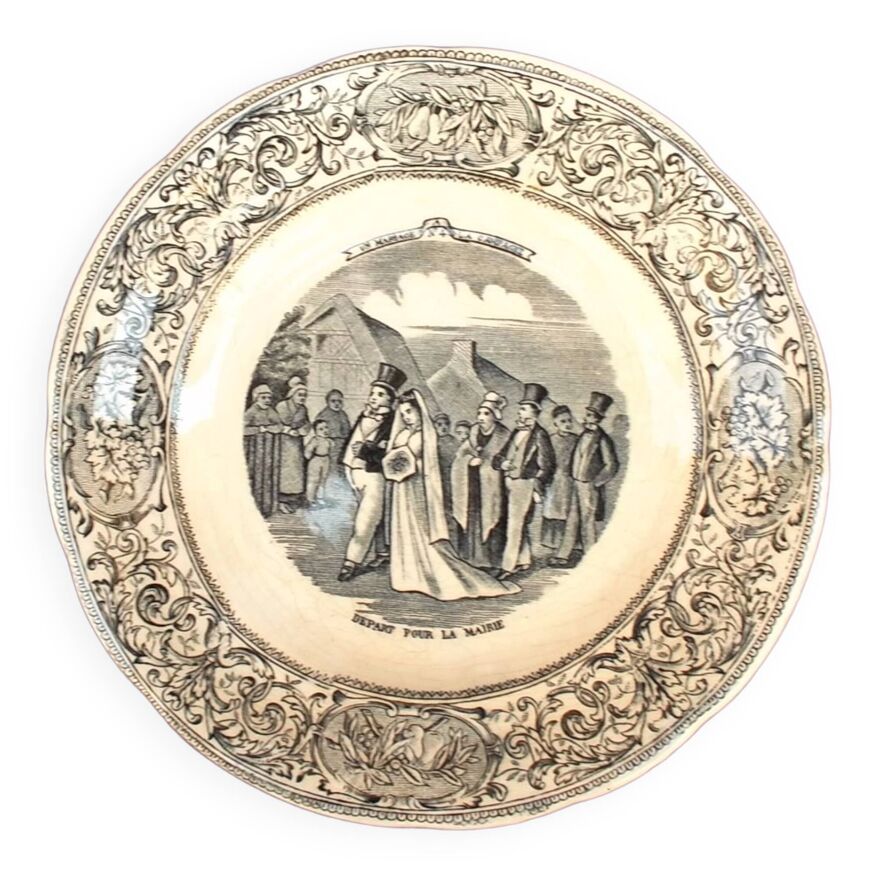 Assiette en porcelaine de gien "un mariage en campagne" n°4 depart pour la  mairie | Selency