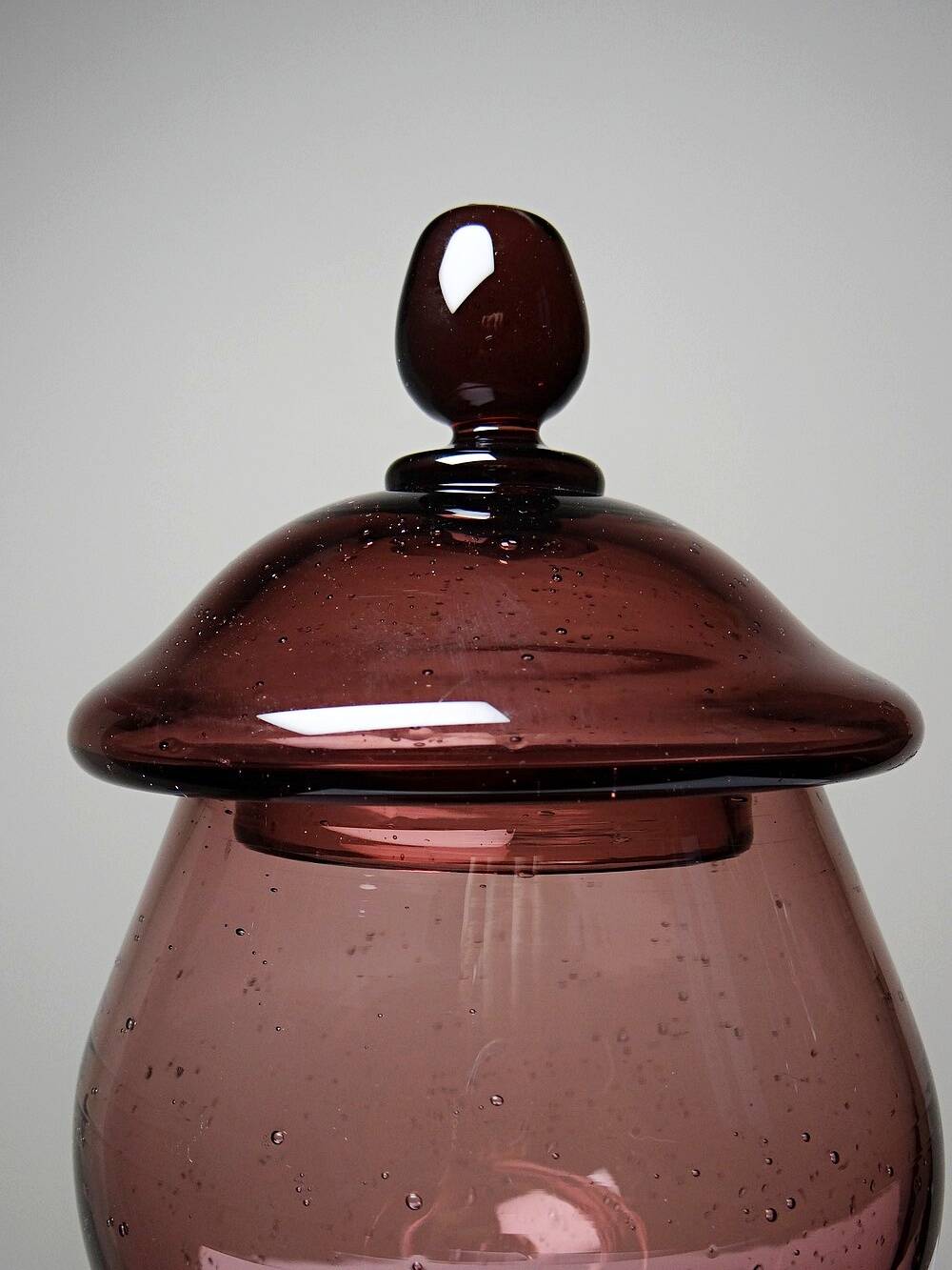 Pot, vintage purple plum bubble glass sweet jar in the style of Biot.