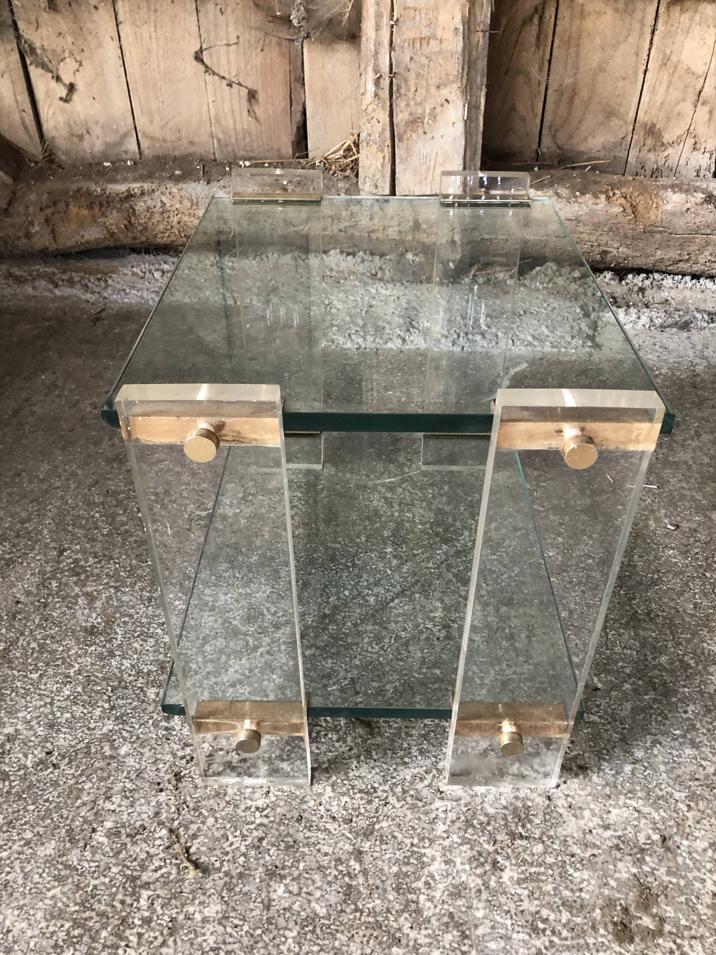 Pair bedside design plexi + brass + vintage glass trays