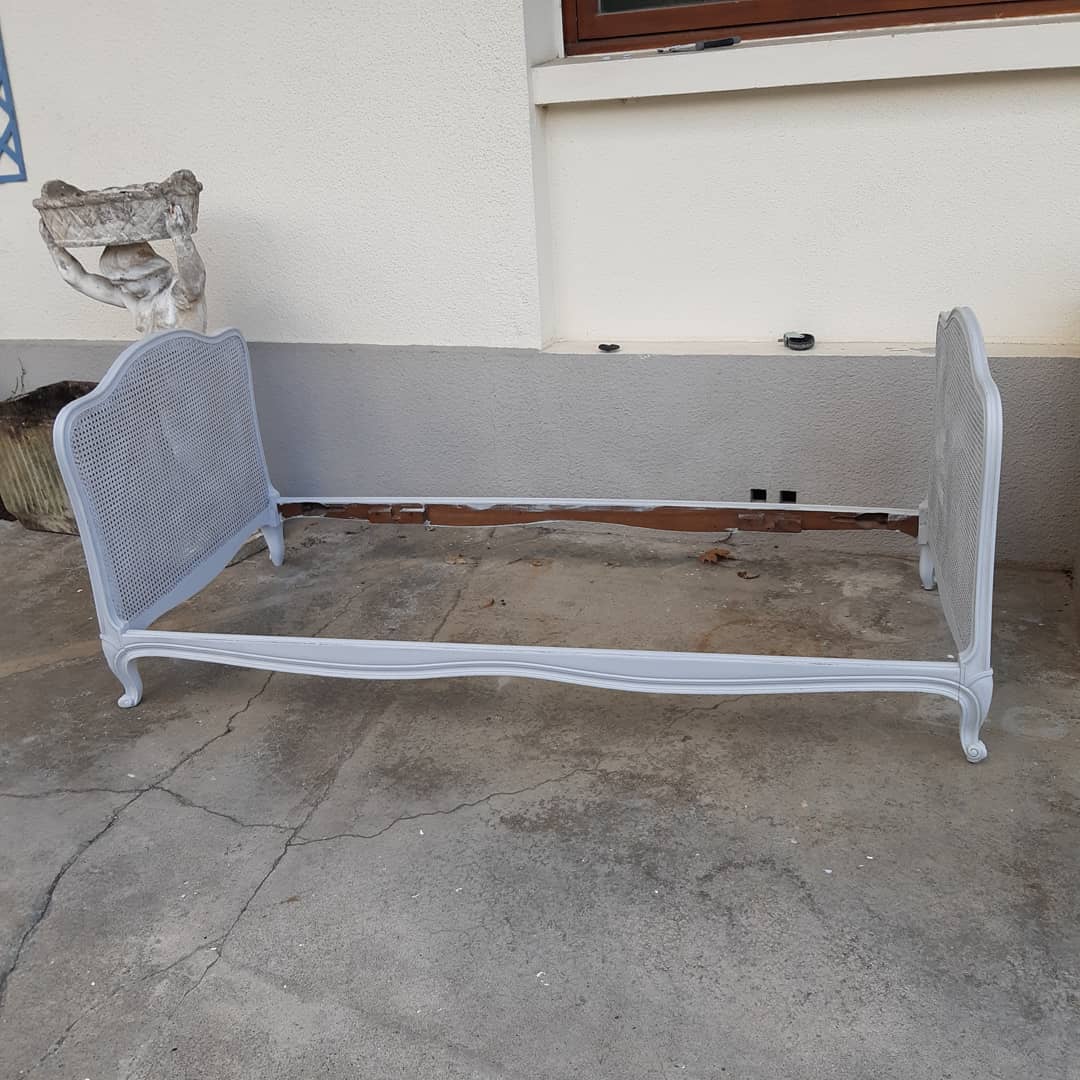 Artisanal double cannage bed, bench, pearl gray patina.