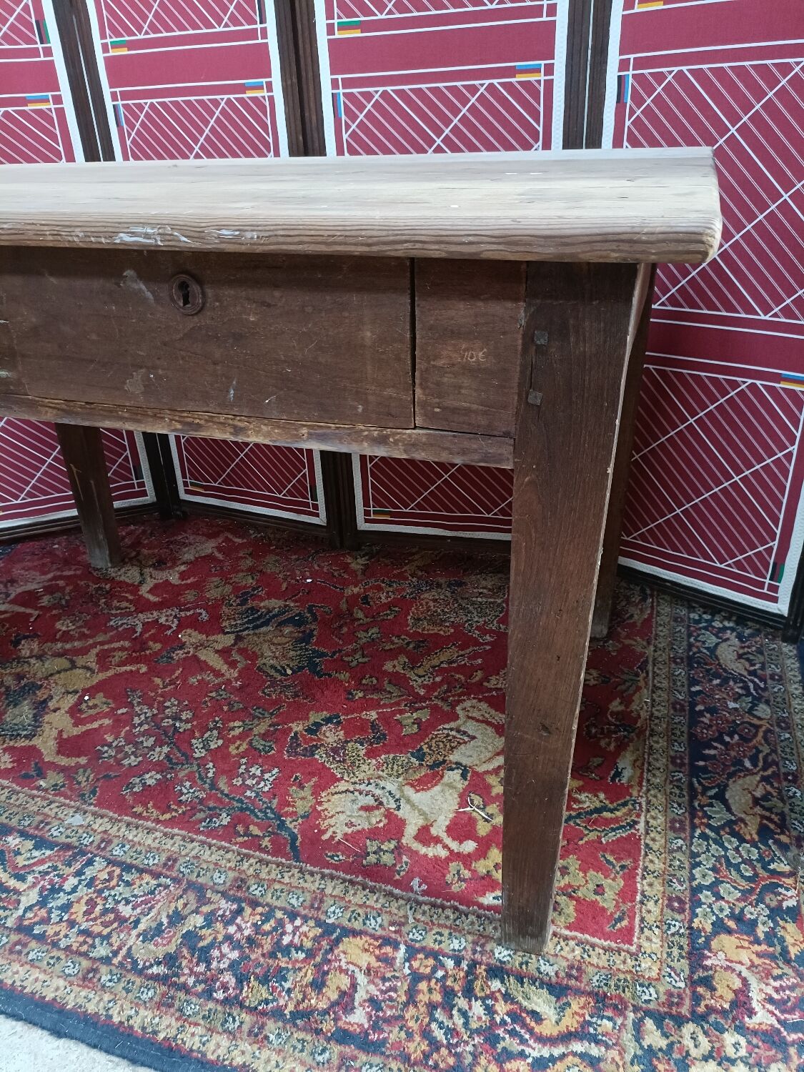 Ancienne table de ferme, 6 couverts et 2 tiroirs