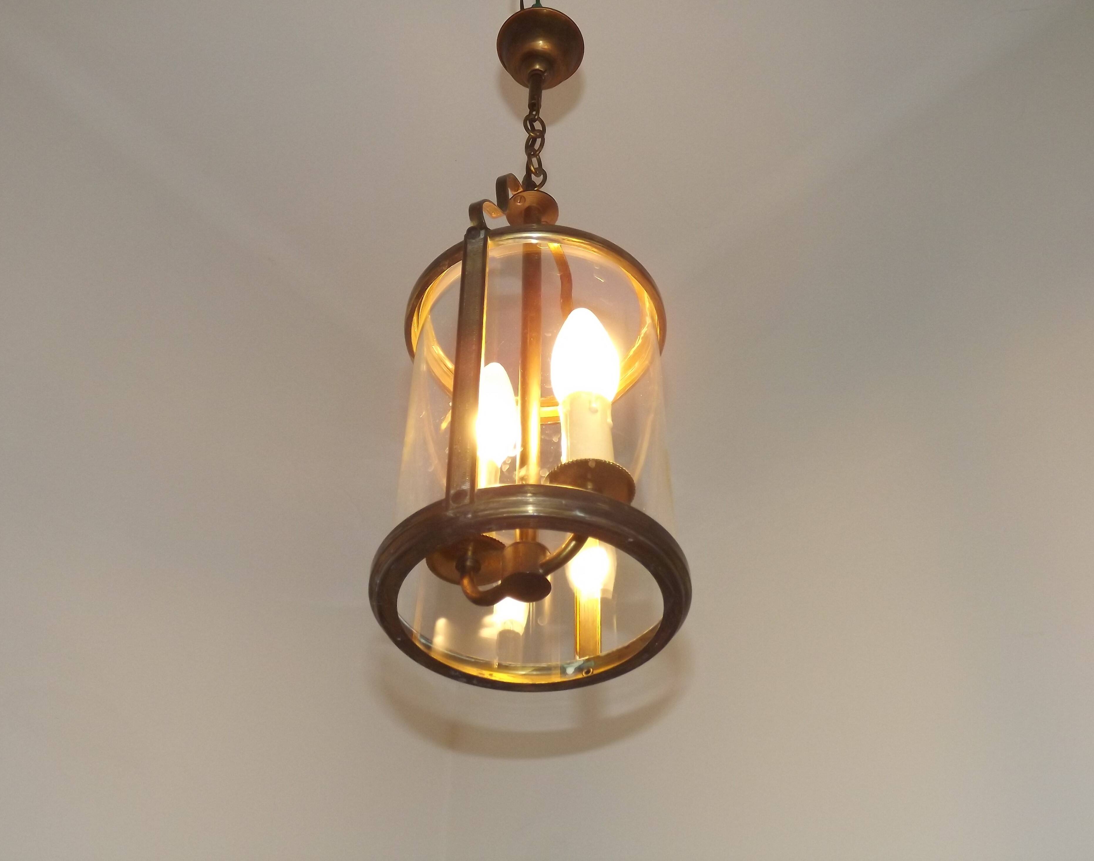 French Vintage Brass 2 Light Hanging Lantern With Cylindrical Glass Shade 4948