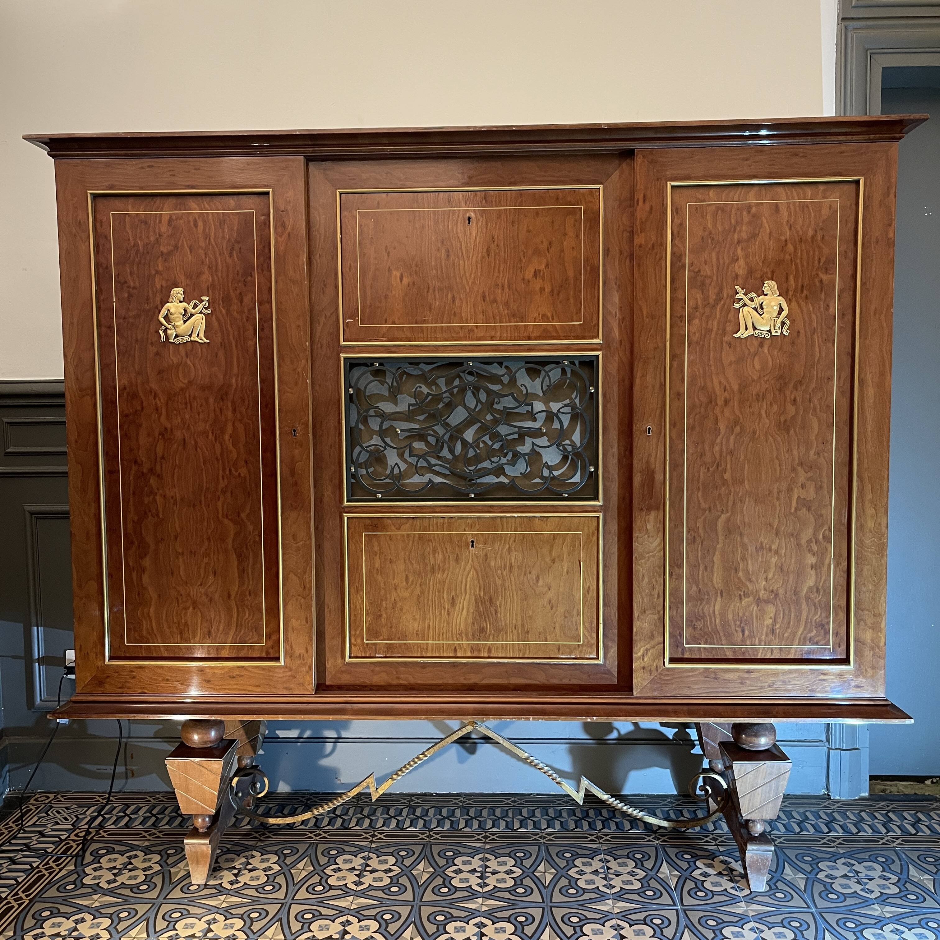 Art Deco sideboard or bar furniture, various veneers, bronze and ironwork, c