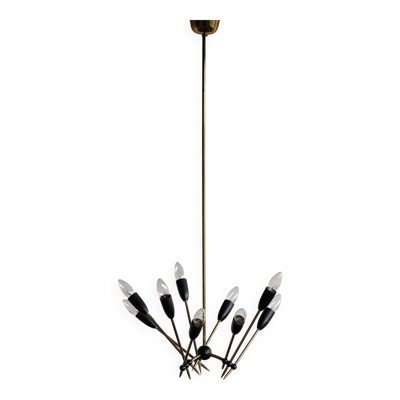 Lustre à neuf lumières en laiton Stilnovo, Italie, années 1950