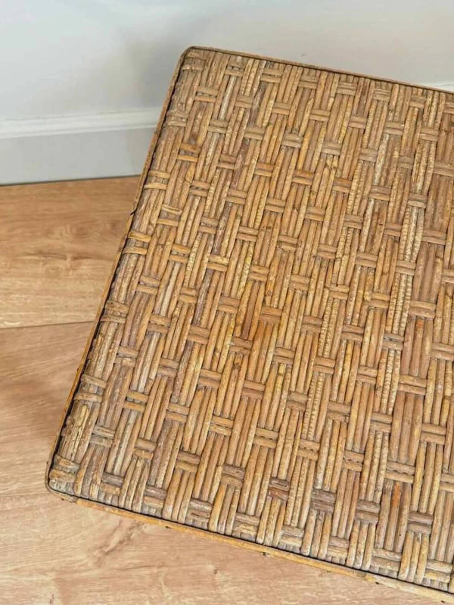 Small vintage 1960 woven rattan side table | Bohemian chic wicker end table, antique bamboo coffee table for the living room.