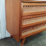 Commode vintage rotin pieds compas