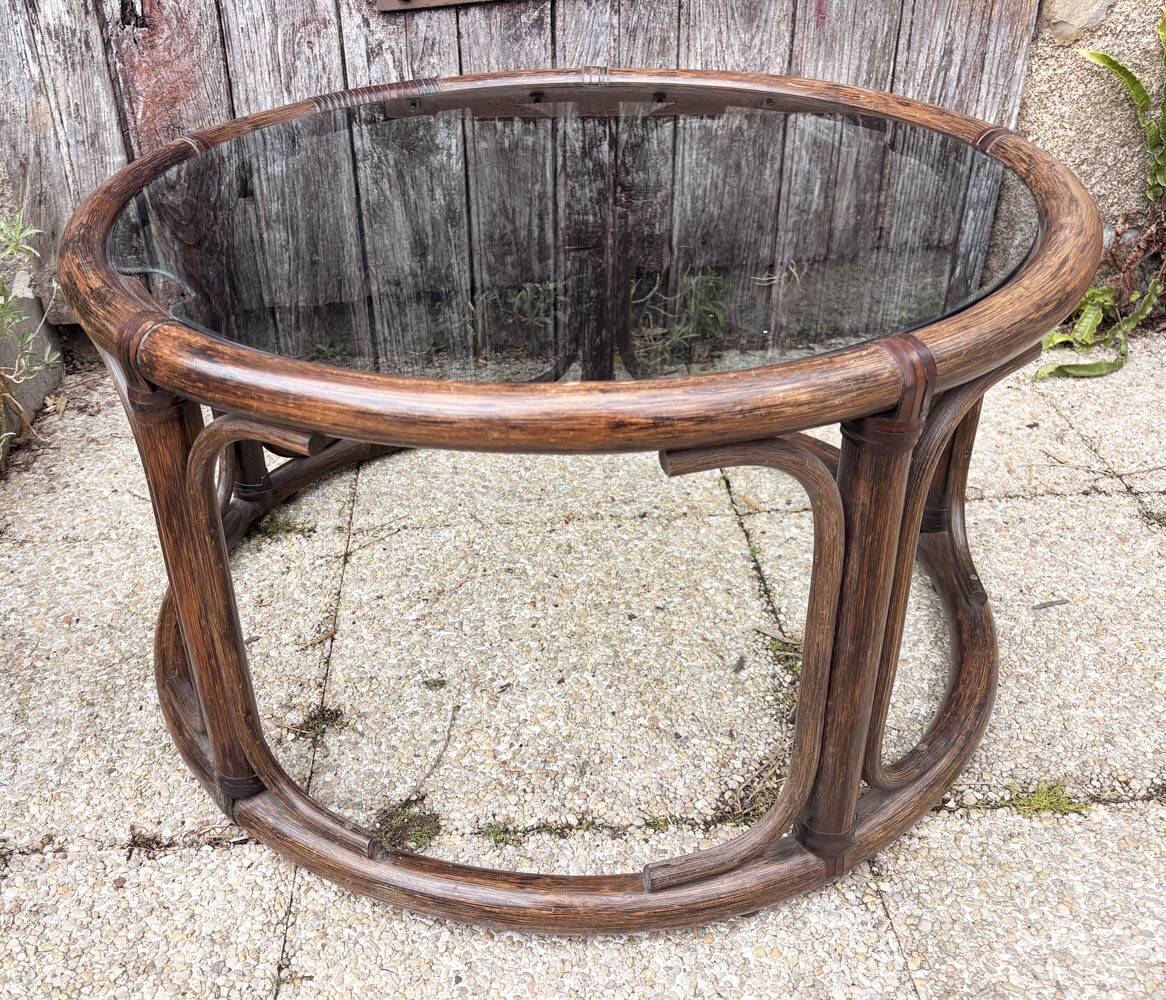 Rattan & glass coffee table “Riviera 70” – round, lightweight, bohemian chic style