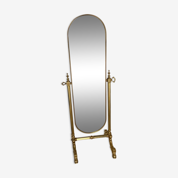 Beautiful and large mirror Psyche in golden brass from the 50s, 55x150cm.