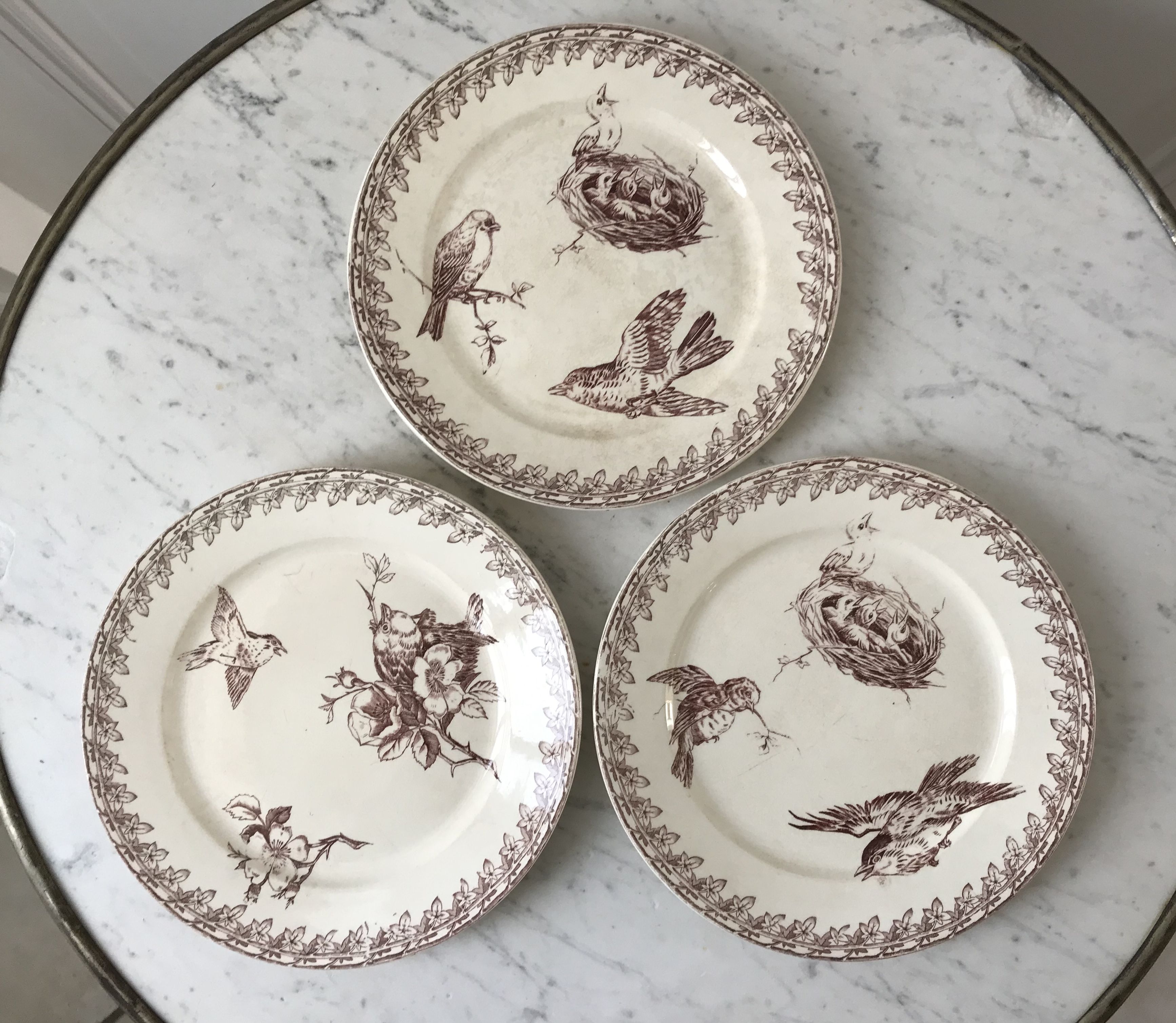 Trio of dessert plates Terre de Fer, faience digoin Sarreguemines, Buffon model