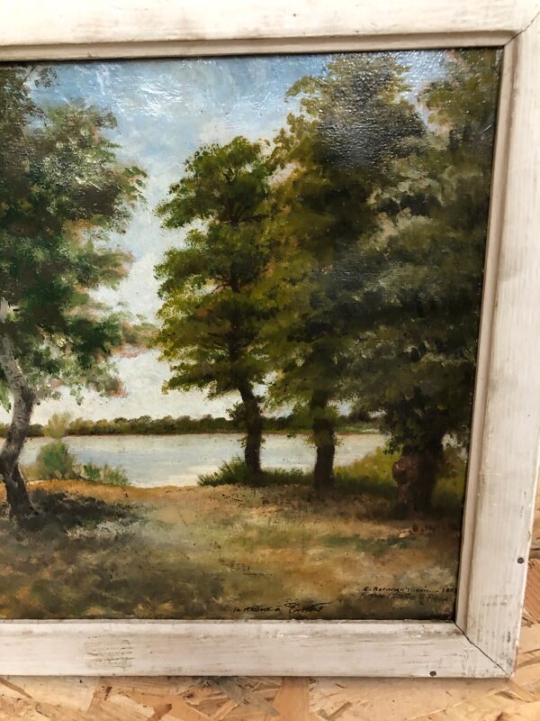 Ancien tableau huile sauveur bernay theric 1895 le rhône avec cadre bois vintage