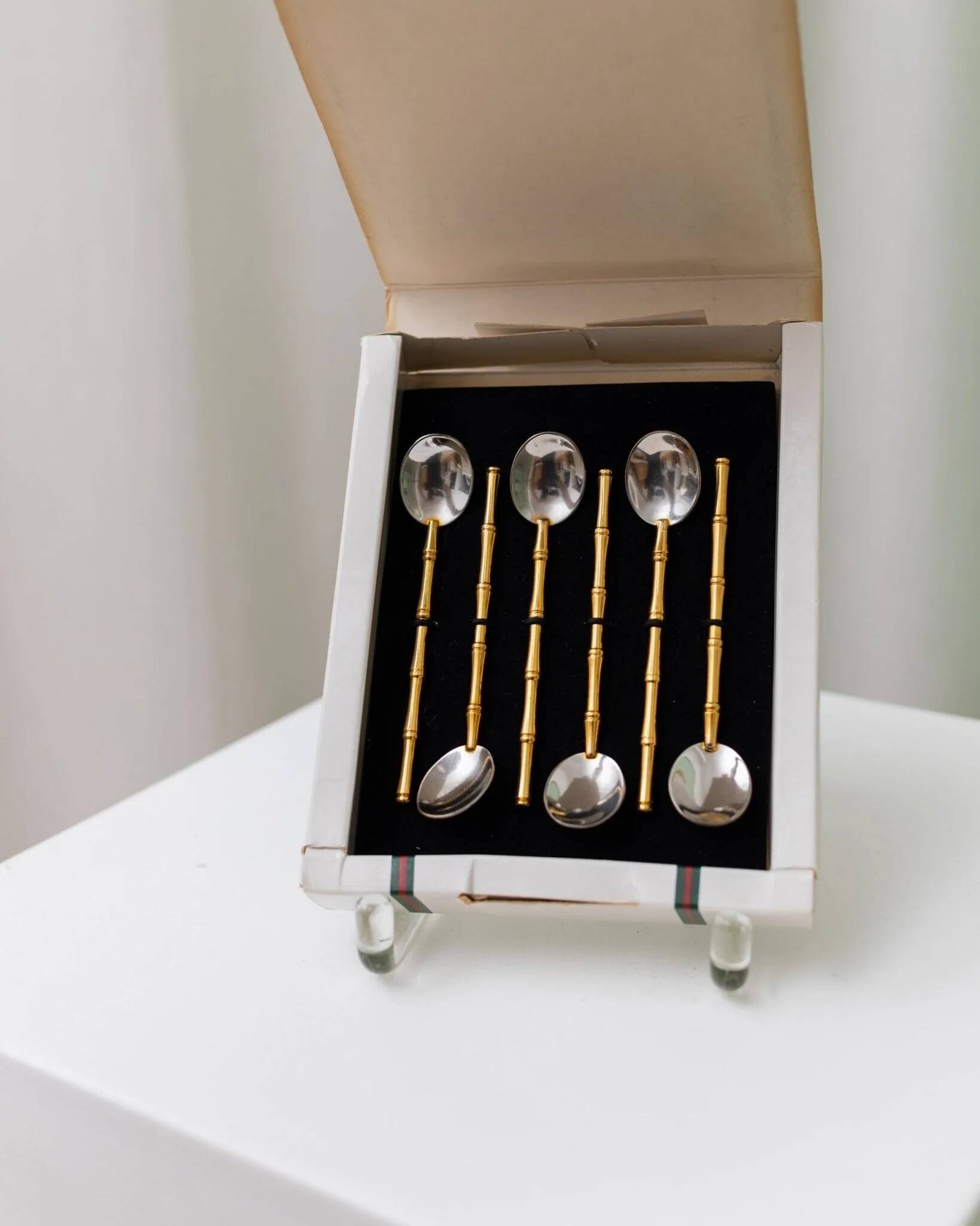 Two-Tone Gucci Bamboo Spoons Set - Gold-Plated Handles, Silver Bowls, Vintage 1970s Mid-Century Design